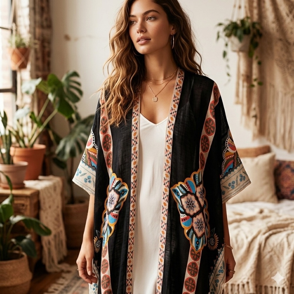 Starwhisper 100% Viscose Kimono Duster Black OS Bohemian Floral Boho Chic